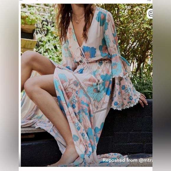 NET $229 Free People Floral Maxi Dress with double Bell Sleeves - Picture 2 of 9